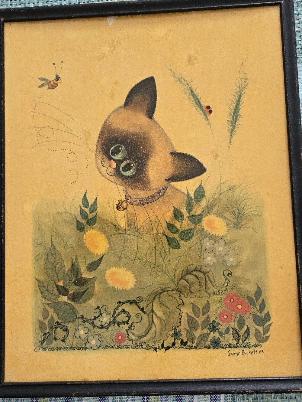 Vintage 1963 George Buckett Big Eye Siamese Cat Framed Print Kitsch Art